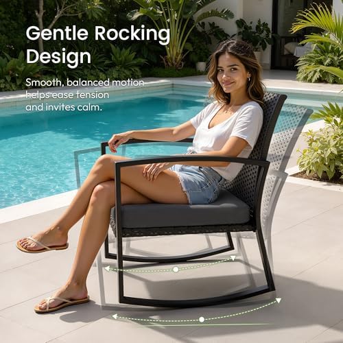 Rocking Patio Bistro Sets - All-Weather - 3 Piece Rattan Conversation Furniture Set, Wicker Outdoor Front Porch Chair for Balcony, Porch, Garden, Backyard, Poolside,Medium Gray - Image 2