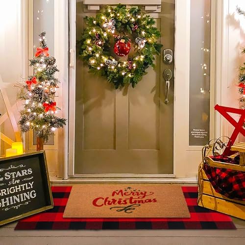 Christmas Red and Black Plaid Rug, 28 x 43 Inches Cotton Hand-Woven Layered Door Mat for Front Porch, Entryway, Outdoor Holiday Decor, Washable Buffalo Check Rug for Home, Patio, Kitchen - Image 2
