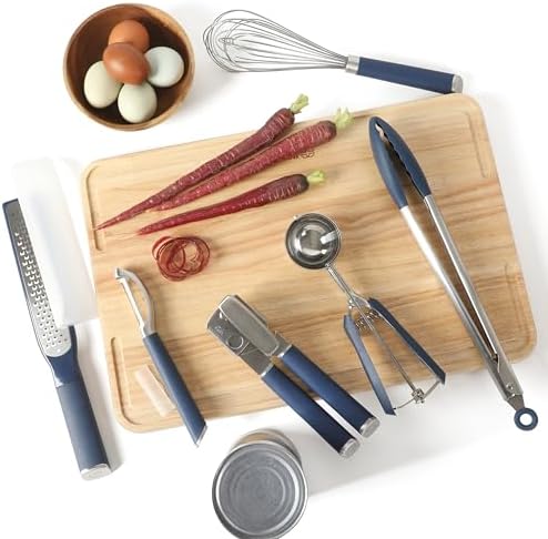 Calphalon Edge 6-Piece Stainless Steel Kitchen Tool & Gadget Set, Kitchen Utensil Set with Silicone Accent, Can opener, Straight peeler, Grater, Tongs, Balloon whisk and Scoop (Navy Blue) - Image 2