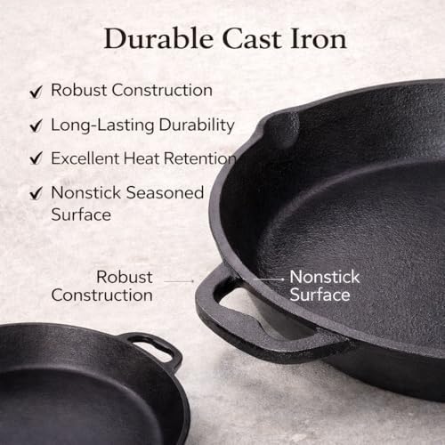 20" Cast Iron Skillet with Dual Handles, Pre-Seasoned Heavy-Duty Frying Pan for Grill, Stovetop, Oven & Campfire Cooking, Large Family-Size Pizza Pan & Outdoor Cookware (Black) - Image 4