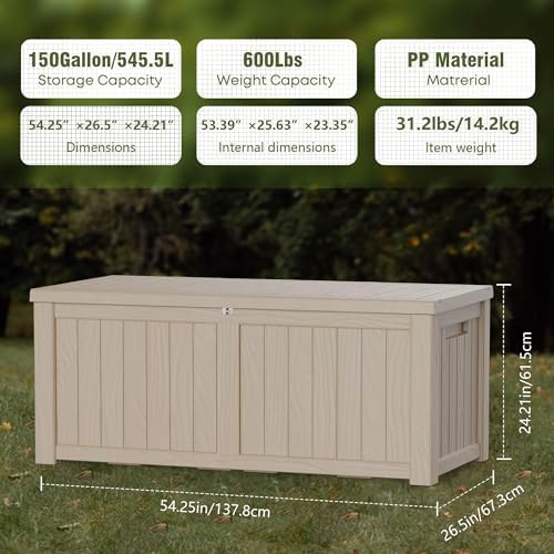 Outdoor Storage Box, 150 Gallon Waterproof Deck Box, Piston-Assisted Resin Trunk for Sectional Sofa Cushions, High-Capacity Lockable Double Storage Bench, Patio Lounge, Grey - Image 3