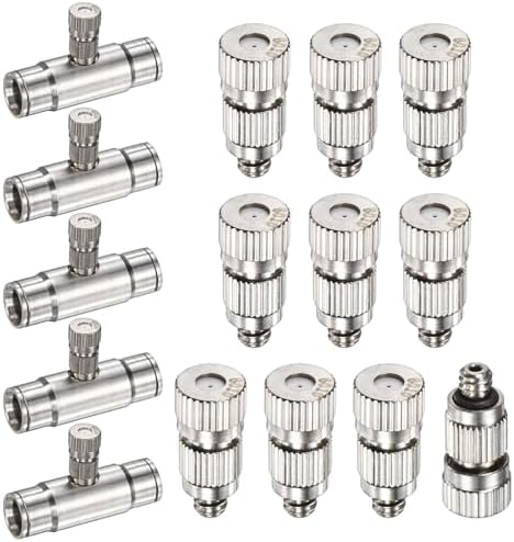 M METERXITY 20-Pack Brass Misting Nozzle Tee Kit, 0.6mm Orifice Dia. High Pressure Spray Misting Nozzle Head, Slip Connectors for 3/8 Inch Drip Irrigation Tubing Kit Outdoor [3/16" Threaded] by MMETERXITY