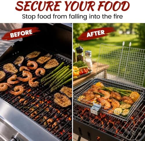 2 Pack Stainless Steel Grill Basket Set with Removable Wooden Handle, BBQ Grilling Rack for Outdoor Cooking, Portable Smoker Grilling Accessories for Fish, Vegetables, Shrimp, Meat & Chicken - Image 2