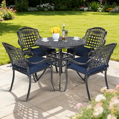 MEETWARM 5 Piece Patio Dining Set, Outdoor All-Weather Cast Aluminum Dining Table Set, Patio Furniture Set for Backyard, Include 4 Chairs with Cushions and a 35.4" Round Table, Navy Blue by MEETWARM