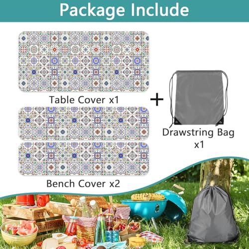Picnic Table Cover with Bench Covers, Camping Essentials, Buffalo Plaid Waterproof Windproof Camping Tablecloth, Fitted Tablecloth Cover with Elastic Edge, for Garden & Outdoor, 3 PCS, 30x96 Inch - Image 7