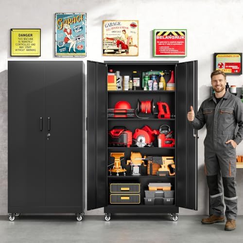 SISESOL 75" Tall Metal Storage Cabinet with Wheels and Shelves (Black) - Image 2