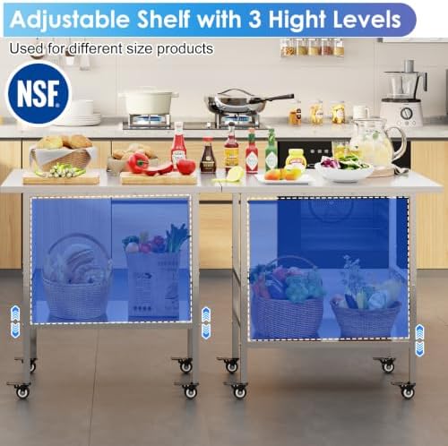 NSF Stainless Steel Prep Table with Wheels, Commercial Worktable with 4 Casters & Brakes & Adjustable Undershelf, Heavy Duty Rolling Kitchen Island Cart for Restaurant, Home, Outdoor BBQ & Pizza Oven - Image 5
