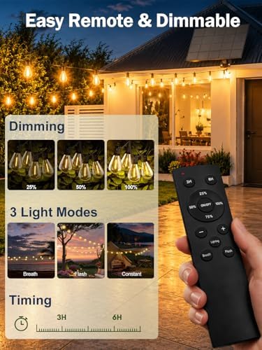 200FT Solar String Lights Outdoor, Dimmable Patio Lights Solar Powered with Remote & USB Port 72+2 LED Shatterproof Bulbs 3 Light Modes, Waterproof Solar Light for Camping Backyard Garden - Image 3