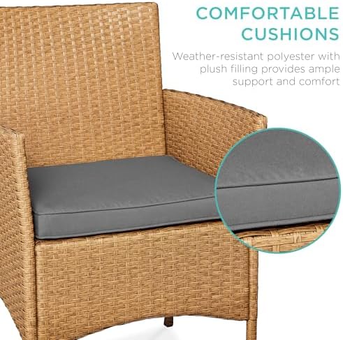 Best Choice Products 3-Piece Outdoor Wicker Conversation Bistro Set, Space Saving Patio Furniture for Garden w/Side Table - Natural/Gray - Image 4