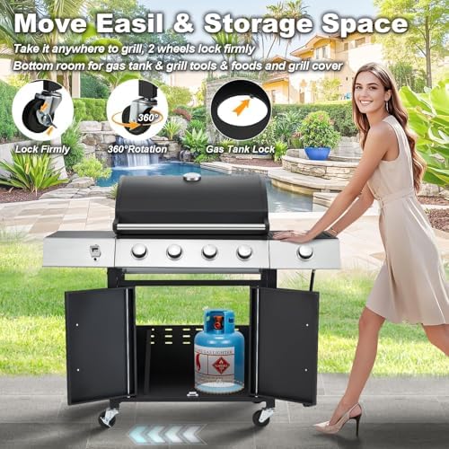 MELLCOM Upgraded 44,000 BTU Stainless Steel Burner Barbecue Grill, 4 Burner BBQ Propane Gas Grill with Side Stove & Cast Iron Grates for Patio, Camping, Outdoor Cooking - Image 3