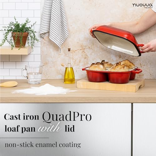 QuadPro Enamelled Cast Iron Bread Loaf Pot – Dutch Oven for Sourdough Bread Baking – 500°F Oven Safe Non Stick Bread Pot – 4 Round Loaf Spaces (4.90-inch Diameter), Red – by Nuovva - Image 3
