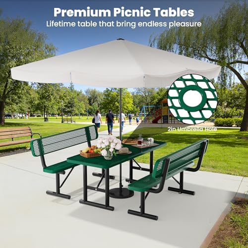 6FT Metal Picnic Tables for Outdoors, Commercial Rectangular Picnic Table for Outside, Park, Campfield, Patio, Garden, Yard, Thermoplastic Coating, Surface Mounted, Green - Image 4