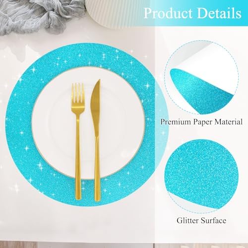 50 PCS Lake Blue Round Paper Placemats 13 Inch Glitter Disposable Paper Charger Doilies Tablemats for Wedding Birthday Baby Shower Ocean Beach Party Dinner Table Decor - Image 3