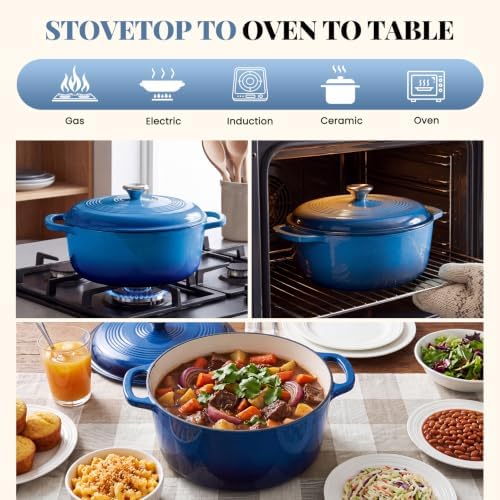 DUMOS Enamel Cast Iron Dutch Oven, 6 Quart Pot with Lid, Gradient Blue - Image 5
