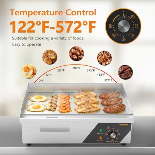 ROVSUN 22" Electric Griddle, Electric Countertop Half Flat Top Griddle, 1600W Grill Stainless Steel with Adjustable Temperature Control 122°F-572°F for Commercial Home Restaurant, Plug - Image 2