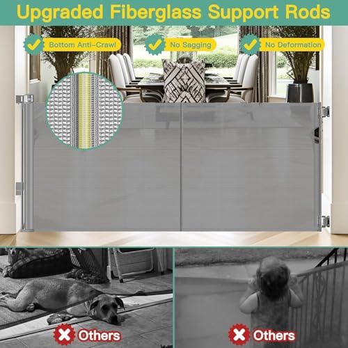 Upgraded 60" Wide Retractable Dog Gate with Reinforced Rods - Bottom Anti-Escape, 5 ft Retractable Baby Gates for Doorways Retractable Gates for Dogs Indoor/Outdoor Retractable Pet Gate, Gray - Image 2