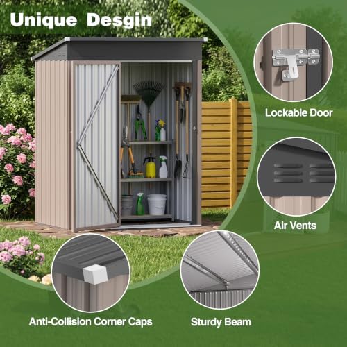 5 x 3 FT Outdoor Storage Shed, Waterproof Metal Garden Tool Shed with Sloped Roof, Lockable Door & Air Vents for Backyard Patio Lawn, Brown - Image 3