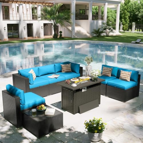 Aoxun Patio Furniture Set with Fire Pit Table, 8 Piece Outdoor Sectional Sofas, Wicker Rattan Outdoor Furniture with Thickened Cushion for Backyard, Garden Peacock Blue - Image 2