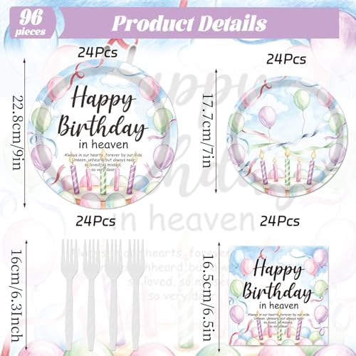 Gameza Happy Birthday in Heaven Party Decorations, 96PCS Heavenly Angel Disposable Paper Plates and Napkins Decor, Funeral Memorial Forks Tableware Set for Condolence Anniversary Supplies Serves 24 - Image 2