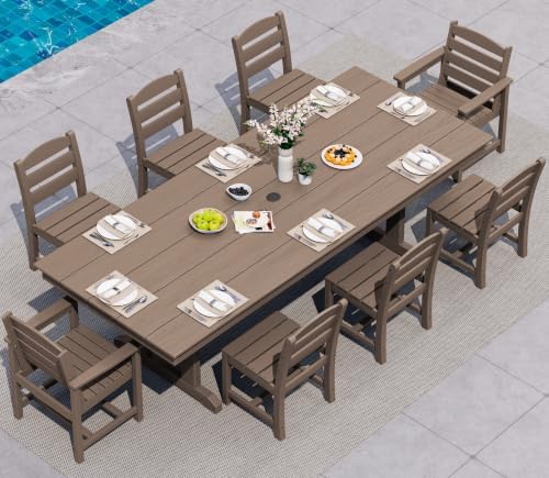 SERWALL 9Pcs HDPE Outdoor Dining Set w/6 Armless, 2 Armchairs for 8,Brown by SERWALL
