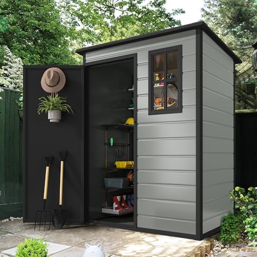 DWVO 5x3 FT Outdoor Storage Shed with Floor, All-Weather Resin Storage Shed with Lockable Door & Window, Waterproof Plastic Tool Storage for Garden, Backyard, Patio, Lawn,Blue-Gray+Black - Image 5