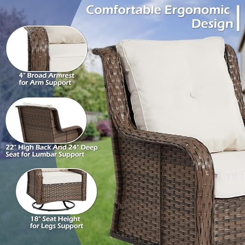 Wumiokio Patio Furniture Sets, 3 Pieces Wicker Outdoor Furniture - 360 Degree Swivel Rocking Chairs and Rattan Side Table for Garden,Porch,Backyard (Brown Wicker/Beige Cushion, 3PCS - Swivel Chairs) - Image 5