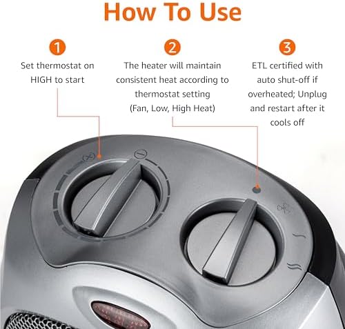 Amazon Basics Ceramic Space Heater, Portable Indoor Heating Solution, With Overheat and Tip-Over Protection, Thermostat, Non-Oscillating, 1500W, Fast Heating, 7.52"D x 6.34"W x 9.45"H, Silver - Image 4