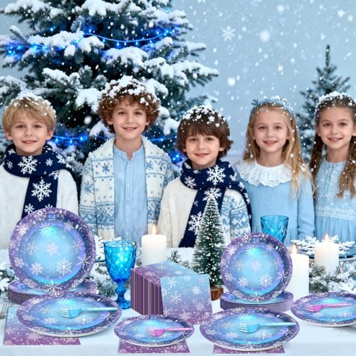 96 Pcs Winter Snowflake Paper Plates and Napkins Blue Purple Snowflake Disposable Tableware Winter Wonderland Dinnerware for Christmas New Year Birthday Party Decor Supplies - Image 6