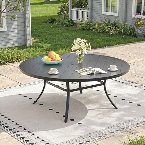 Outdoor Dining Table for 8, 63" Round Outdoor Table with Adjustable Umbrella Hole, All-Weather Metal Patio Dining Table for Lawn Garden Backyard Deck, Black by ProvideOutdoorSolutions