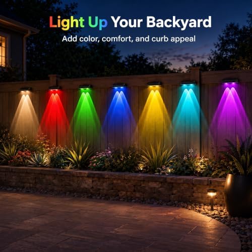 Solar Fence Lights Outdoor, Warm White & RGB Combo 8 Modes Color Changing Fence Lights Solar Powered for Outside, LED IP65 Waterproof Solar Patio Light for Step, Pathway, Garden, Deck, Stairs - 8 Pack - Image 5