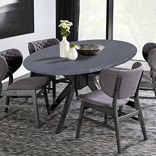 LUSHVIDA Round Waterproof Table Cover Elastic Vinyl Fitted Tablecloth Elastic Edged Plastic Table Cloth (Silver Grey, Best for Up to 57"-68" Round) - Image 2
