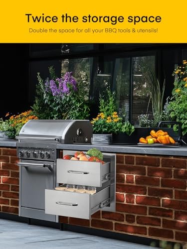 FOHERE Outdoor Kitchen Drawers Stainless Steel Cabinet, 2-Drawer BBQ Access Drawer 14" W x 14.5" H x 23" D Enclosed Built-in Drawer Flush Mount for Outdoor Kitchens & BBQ Islands - Image 2