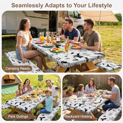 Picnic Table Cover with Bench Covers Camping Tablecloth Set with Pocket - Image 4