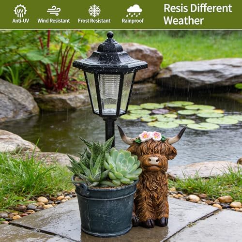 Solar Highland Cow Outdoor Statue, Garden Decor with Flowerpot & Lantern - Image 6