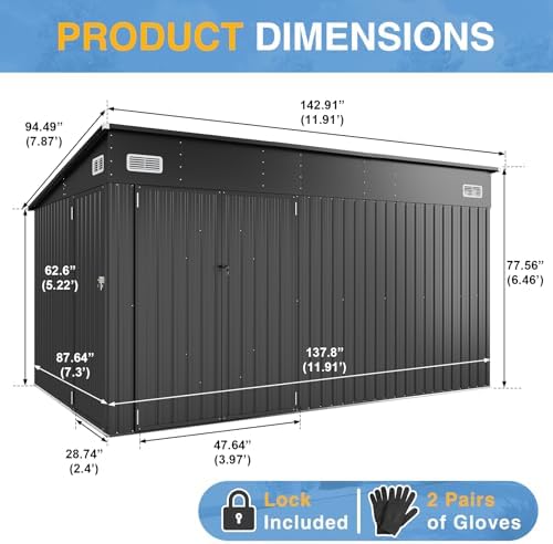 8'x12' Outdoor Lean to Storage Shed with Triple Doors Utility Galvanized Steel Sheds for Vertical Storage, Dual Lock Metal Shed with Sloped Roof for Mower,Bike,Garden Tools (Black) - Image 3