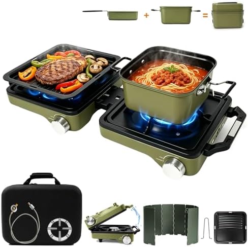 2 Burner Camping Stove with Cooking Set, 24000 BTU Propane Stove, Green by FIRXZYMZ