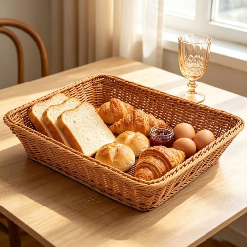RT&BS Wicker Bread Basket for Serving, Wicker Fruit Basket, Display Baskets for Vegetable Fruit, Reusable Handwoven Serving Baskets for Kitchen, Store, Restaurant, Outdoor (Brown, M) - Image 3