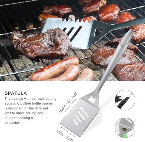 grilljoy 8PCS BBQ Grill Tools Set with Extra Thick Stainless Steel Spatula, Fork, Tongs & Cleaning Brush - Complete Barbecue Accessories Kit with Portable Bag - Perfect Grill Gifts for Father's Day - Image 3