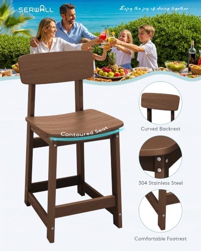 SERWALL 5-Piece Outdoor HDPE Counter-Height Bar Set with 4 Stools, Brown - Image 3
