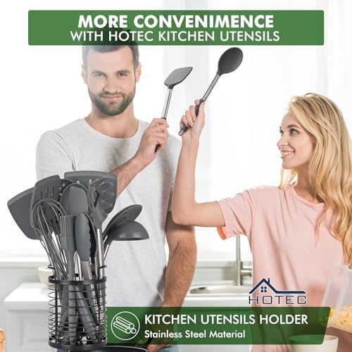 HOTEC Silicone Kitchen Cooking Utensils Set,14pcs Grey - Image 3