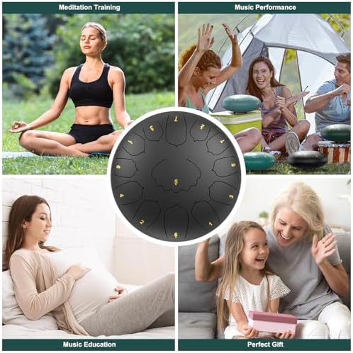 Large Steel Tongue Drum Handpan: 12 Inches 13 Notes Rain Drums for Outside Garden, Meditation Hand Pan with Music Book, Mallets and Carry Bag, Musical Instrument for Adult Kid Gift (Black) - Image 6