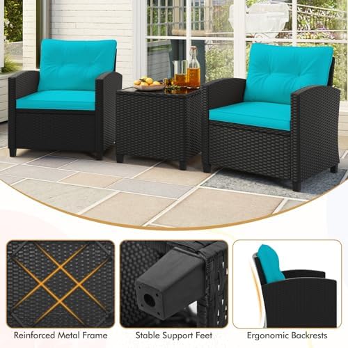 RELAX4LIFE 3-Piece Patio Furniture Set - Wicker Rattan Bistro Sofa Set w/Glass Top Coffee Table, Washable Cushions for Porch Balcony Backyard Poolside, Outdoor Furniture Conversation Set (Turquoise) - Image 7