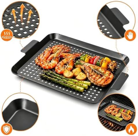Outdoor Grill Pans: Enamel Non‑Stick Grill topper - Grill Tray with hole, Grilling Baskets Outdoor Set for Vegetable, Meat (dark black) - Image 7