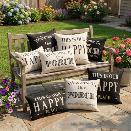 Black and White Welcome to Our Porch Outdoor Pillow Covers Waterproof 18x18 Set of 2, Decorative Farmhouse Outdoor Throw Pillows 18 x 18, Back Porch Decor Patio Furniture Pillows (Without Inserts) - Image 7
