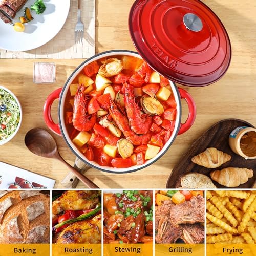 Velaze 7.5 QT Enameled Cast Iron Dutch Oven Pot with Lid,Red - Image 5