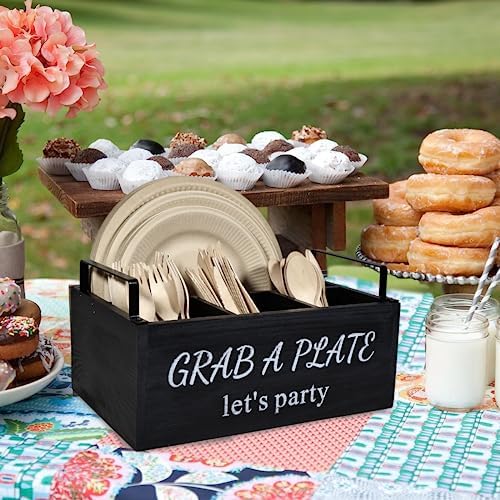 Paper Plate Holder, Utensil Caddy Organizer, Wood Paper Plate Dispenser, Silverware Caddy Holder, and Disposable Coffee Bar Accessories Box for Kitchen Counter, Party, Camping, Picnic (4 compartment) - Image 6