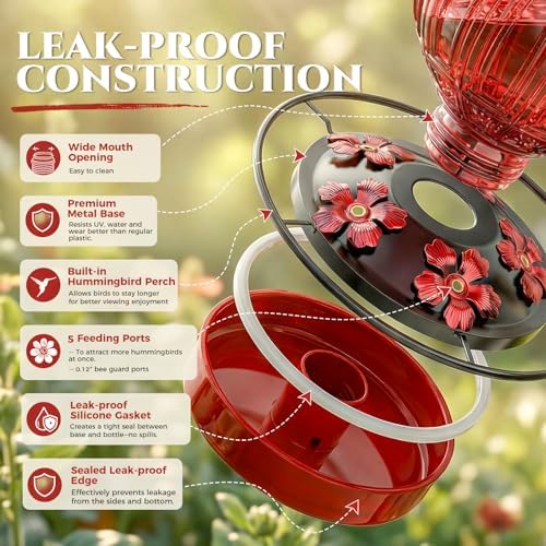 2PC Glass Hummingbird Feeder for Outdoor Hanging, 26 oz Bird Nectar Feeder - Image 5