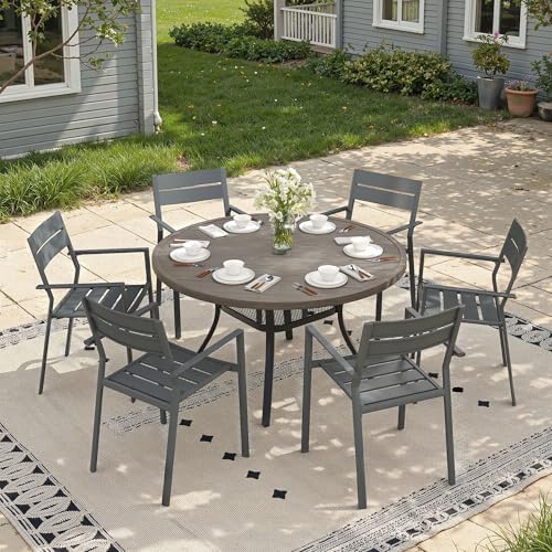 47.2" Patio Dining Table for 6, Round Outdoor Metal Dining Table with Umbrella Hole for Lawn Garden Backyard, Grey - Image 4