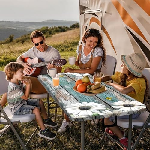 Daisy Flowers Picnic Table Cover with Bench Covers and Bag, Camping Essentials, Wooden Grain Waterproof Windproof, Fitted Tablecloth Cover with Elastic Edge, for Indoor & Outdoor, 3 PCS, 30x96 Inch - Image 3