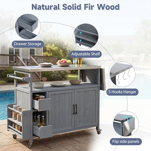 Christopher Knight Home Edsel Outdoor Bar Cart with Stainless Steel Top and Lockable Wheels, Solid Wood Outdoor Storage Cabinet, Kitchen Island Serving Cart for Poolside, Garden, Blue Gray - Image 3